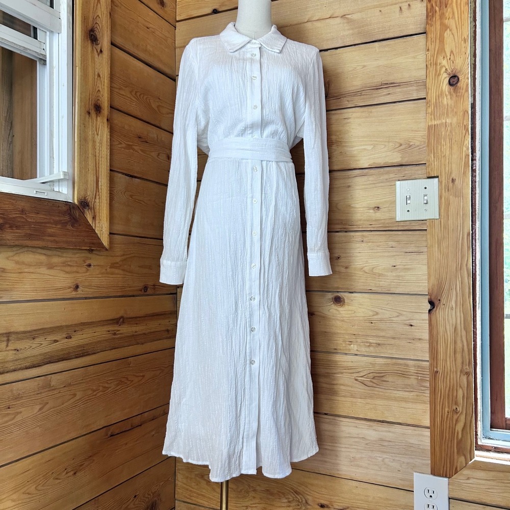White Cotton Gauze Maxi Shirt Dress Women Large White Coastal Flowy Mi Ami